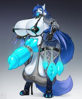 1futa anthro balls balls_bra bimbo blue_cum blue_eyes breasts canine cock_ring condom cum filled_condom furry futa_only futanari glowing_cum high_heels huge_balls huge_breasts huge_cock hyper hyper_balls hyper_penis intersex knot kotik_rin lipstick looking_at_viewer muscular muscular_futa original original_character penis skimpy solo thick_thighs tongue tongue_out wide_hips wolf