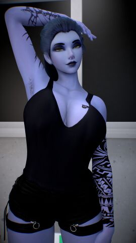 1girls 3d 4k armpit_hair armpits big_breasts black_lipstick black_makeup blue_hair blue_skin breasts crashbanditkut ear_piercing eyeshadow female female_focus hair hand_on_head hi_res high_resolution highres lips lipstick looking_at_viewer makeup medium_hair overwatch overwatch_2 piercing ponytail qos qos_tattoo queen_of_spades queen_of_spades_symbol queen_of_spades_tattoo shorts solo spade_tattoo tattoos video_game_character video_games virt-a-mate virtamate widowmaker