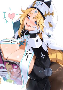 black_dress black_pantyhose blonde_hair blue_eyes boobs_in_book_(meme) book book_covering_breasts breasts commentary covering_breasts covering_privates cross cross_facial_mark cross_necklace dress drooling english_commentary facial_mark female female_pervert gloves goddess_of_victory:_nikke heart heart-shaped_pupils highres hirosenpai holding holding_book huge_breasts jewelry long_hair meme mouth_drool necklace no_bra nun ouch_meme pantyhose pervert rapunzel_(nikke) rapunzel_(pure_grace)_(nikke) rupee_(nikke) simple_background solo symbol-shaped_pupils topless veil very_long_hair viper_(nikke) white_background white_gloves white_veil