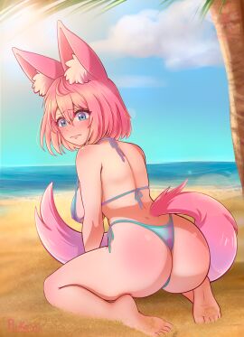animal_ears ass ass_focus back_view beach beach_background big_ass big_breasts big_butt bikini blue_eyes blush blush_lines blushing_at_viewer breasts breasts_out butt_focus clothed embarrassed feet female fox_ears fox_girl kemonomimi kitsune looking_at_viewer nipple_bulge ocean oppai palm_tree pink_hair pinkeiru pinkeiru_(vtuber) sand short_hair sideboob sitting soles tail thong_bikini toes virtual_vtuber virtual_youtuber