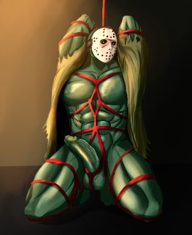 andrefil360 balls bara bondage boner bottomless erection friday_the_13th hockey_mask jason_voorhees male male_only mask muscles muscular on_knees pantsless penis rope_bondage solo solo_male yaoi