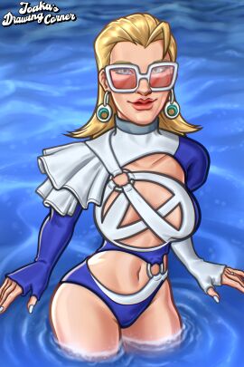 1girls 2025 2d 2d_(artwork) bikini bikini_bottom blonde_female blonde_hair blue_panties breasts cleavage digital_drawing_(artwork) digital_media_(artwork) earrings female female_focus female_only glasses hi_res highres invisible_woman invisible_woman_(marvel_rivals) joakadraws light-skinned_female light_skin marvel marvel_comics marvel_rivals medium_breasts panties showing_off sue_storm sue_storm_(azure_shade) thick_thighs underwear water watermark