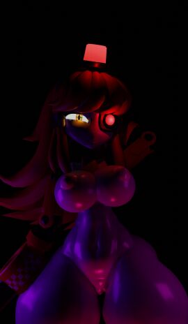 3d big_breasts breasts female glowing_eyes light_skin lighting long_hair mimi_sentry oiled oiled_body oiled_skin orange_eyes pussy red_hair robot robot_girl solo team_fortress_2 thick_thighs thighs thunder_thighs valve