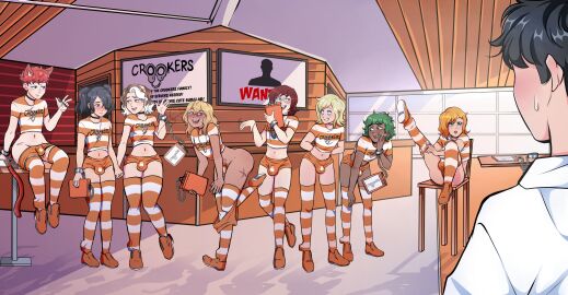 8boys 9boys black_hair black_skin blonde_hair brown_hair brown_skin chains chair chastity chastity_device cuffs dyed_hair femboy femboy_only femboys feminine_male glasses green_hair grinning hair hair_dye hooters_uniform inmate jail long_hair male male_focus male_only medium_hair multiple_boys multiple_males orange_clothing orange_hair pale_skin panties prison prisoner red_hair restrained restrained_arms restrained_legs restraints seductive seductive_look short_hair smiling smirk striped_clothing stripes tanned tanned_skin thighhighs thighs white_hair white_skin