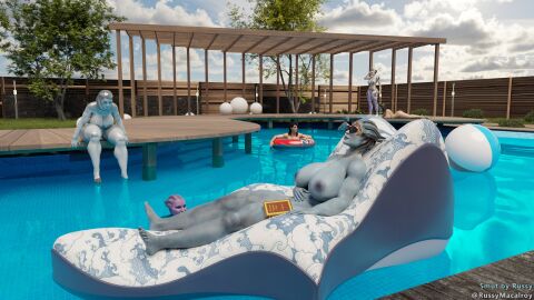 16:9 3d 6girls alien alien_girl artist_name asari ashley_williams big_breasts blue_skin book breasts busty edi female female_only giant_breasts huge_breasts human jack_(mass_effect) mass_effect mass_effect_2 mass_effect_3 miranda_lawson multiple_females multiple_girls nipples nude nude_female pink_skin pool robot robot_girl russymacalroy samara sunbathing sunglasses tagme