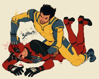 2boys bara bleeding boner bulge claws deadpool deadpool_&_wolverine_(2024) erection erection_under_clothes fully_clothed gay gore guro heart leaking_precum logan_(x-men) male male_only male_ryona marvel marvel_comics on_stomach ren_valentine scar superhero_costume violence wade_wilson wolverine_(x-men) x-men yaoi