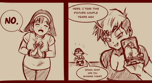 2girls anus ass cleavage comic dragon_ball dragon_ball_super dragon_ball_z english_text erasa female grin lemonjoojoo monochrome photo pussy speech_bubble tagme videl videl_(dragon_ball_super)