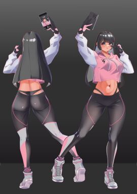 alternate_outfit asian asian_female ass black_hair clothed front_and_back gloves gym_clothes high_waisted_panties honeycomb_(artist) hoodie kanon_kamiya_(mecha_break) leggings mecha_break midriff phone selfie selfie_pose thong tight_leggings toned_female