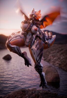 annoad anthro areola arthropod arthropod_abdomen big_breasts breasts creek female flying helldivers hi_res insect_wings nipples outside pubic_tattoo pussy solo stalker_(helldivers) tattoo terminid thick_thighs vulva water wide_hips wings