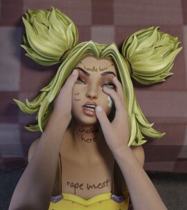 3d body_writing damsel_in_distress darkzodiack98 defeated edit edited fair-skinned_female female green_hair league_of_legends league_of_legends:_wild_rift limp mouth_hold pixiv ryona sleeping somnophilia twintails unconscious zeri_(league_of_legends)