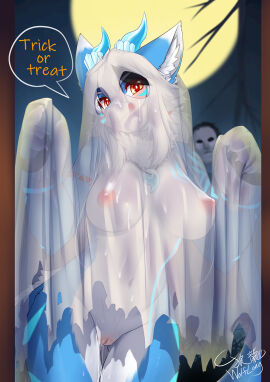 1girls 2d anthro areola areolae big_breasts blush bodily_fluids breasts clothing costume digital_media dragon female female_focus fur furry furry_only genital_fluids genitals ghost_costume halloween halloween_costume hi_res holidays horn looking_at_viewer mythological_creature mythological_scalie mythology nipples pussy pussy_juice scalie smile transparent_clothing wet_pussy wolflong wolflong_(character)