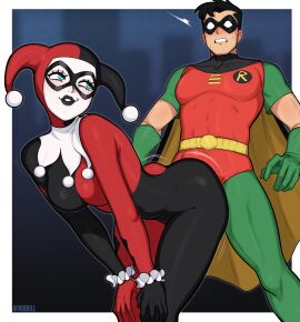 1boy 1girls afrobull ass assjob batman:_the_animated_series bulge buttjob clothed clothed_female clothed_male dc dc_comics dick_grayson enemies enemies_with_benefits erect_penis erection erection_under_clothes female grinding grinding_on_penis grinding_through_clothes harley_quinn harley_quinn_(classic) looking_back_at_partner male mask penis robin_(dc) robin_(dick_grayson) seductive seductive_look seductive_smile tagme