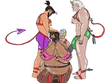 bara big_belly big_breasts blizzard_entertainment breasts cole_cassidy demon_costume gay halloween hanzo_shimada holding_breast kittyx3meow male male_only overwatch overwatch_2 reaper reinhardt soldier_76 yaoi