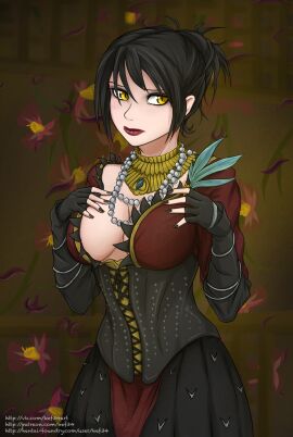 1girls 2d big_breasts black_hair breasts dragon_age dragon_age_origins dress female female_only image_set kef34 morrigan_(dragon_age) short_hair solo solo_female yellow_eyes