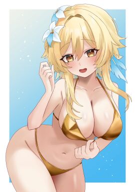 1girls 2d 2d_(artwork) alternate_breast_size alternate_costume big_breasts bikini bikini_bottom bikini_top blonde_hair bra breasts cleavage female female_focus female_only flowers flowers_in_hair front_view genshin_impact golden_bikini golden_bikini_bottom golden_bikini_top golden_swimsuit high_resolution highres hoyoverse ikurumidwd light-skinned_female light_skin looking_at_viewer lumine_(genshin_impact) mihoyo short_hair slim_female smiling smiling_at_viewer solo solo_female solo_focus standing swimsuit thong thong_bikini two_piece_swimsuit white_background white_flowers yellow_eyes young younger_female