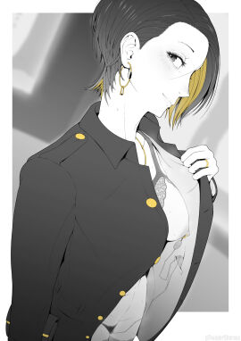 bag black_hair blonde_hair breasts coat colored_inner_hair commentary_request earrings egg_vibrator exhibitionism female flashing handbag highres invader_ace jewelry lingerie looking_at_viewer multicolored_hair nipple_piercing original outdoors piercing pubic_hair public_indecency public_nudity sex_toy smile solo underwear vibrator