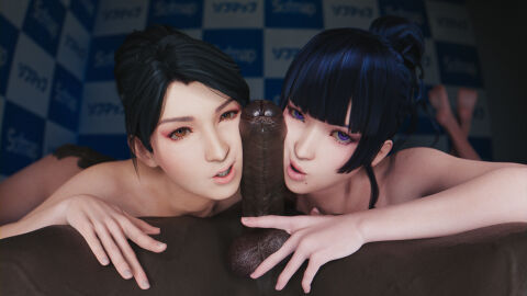 1boy 2girls 3d asian asian_female big_penis cock_worship dark-skinned_male dark_skin dead_or_alive female female_focus foreskin front_view interracial light-skinned_female light_skin male male/female momiji_(ninja_gaiden) multiple_females multiple_girls naked naked_female nude nude_female nynx nyotengu pale-skinned_female pale_skin penis penis_on_face tagme uncircumcised uncut