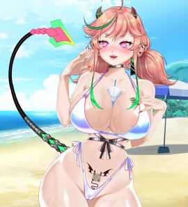 1girls big_breasts big_thighs breasts demon devilayacchi female indie_virtual_youtuber pink_eyes pink_hair solo succubus succubus_horns succubus_tail succubus_tattoo summer swimsuit virtual_youtuber vtuber