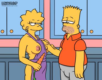 1boy 1girls 20th_century_fox 20th_century_studios aged_up apron artist_name bart_simpson beard breasts brother_and_sister carrot clothing duo eyelashes facial_hair female grabbing_breasts hand_on_breast human incest indoors kitchen lisa_simpson lockandlewd looking_at_another male male/female mammal mature mature_female mature_male nipples orange_shirt purple_apron shirt smiling smiling_at_another the_simpsons yellow_skin