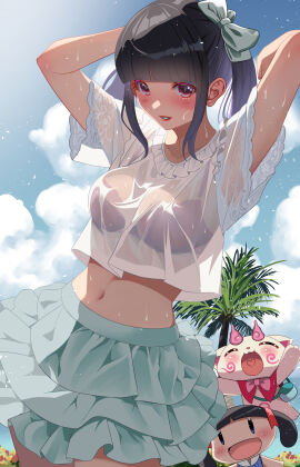 2girls absurdres akihiro0920 aqua_skirt arms_up bikini bikini_under_clothes black_bikini black_hair blue_sky blunt_bangs breasts chibi cloud day female hair_ribbon highres komami_(youkai_watch) long_hair looking_at_viewer multiple_females multiple_girls navel outdoors palm_tree parted_lips ribbon see-through shirt sidelocks skirt sky standing swimsuit t-shirt tree twintails wet wet_clothes wet_shirt white_shirt youkai_watch
