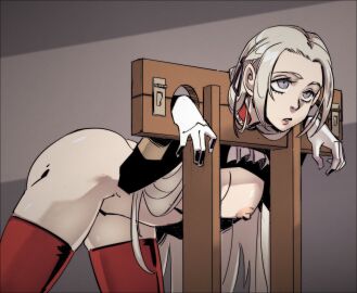 1girls ass bare_thighs bent_over big_ass bondage bound breasts csmutrun edelgard_von_hresvelg emotionless empty_eyes expressionless female femsub fire_emblem fire_emblem:_three_houses gloves grey_eyes grey_hair humiliation imminent_rape long_hair long_sleeves nintendo nipples nude nude_female parted_lips pillory restrained slave small_breasts stationary_restraints submissive submissive_female thighhighs thighs very_long_hair