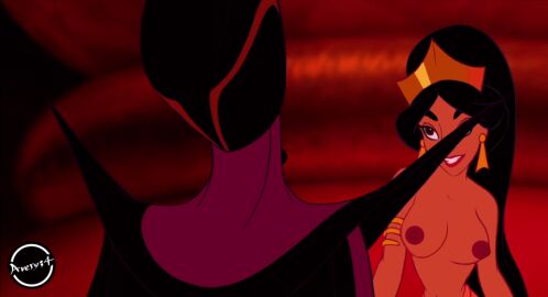 1boy 1girls accurate_art_style age_difference aladdin aladdin_(1992_disney_film) animated arabian arabian_female black_hair breasts corruption dark-skinned_female dark-skinned_male dark_skin disney disney_princess edit edited evil_queen_jasmine female female_focus gif hallownkight2 jafar kiss_on_lips kissing male male_focus male_villain medium_breasts older_male princess_jasmine saliva saliva_string slave slave_girl topless topless_female wide_hips younger_female