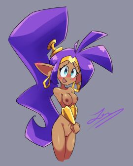 big_breasts blush bracelet breasts completely_nude ear_blush female female_only genie genie_girl gloves hands_together headwear hoop_earrings hoop_earrings_oversized huge_hair looking_at_viewer midnight_lemonade nude nude_female pussy shantae shantae_(character) solo solo_female