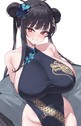 1girls black_hair blue_archive breasts china_dress female hi_res hips huge_breasts kisaki_(blue_archive)_(cosplay) kuavera light-skinned_female light_skin long_hair naughty_face outfit_swap red_eyes rio_(blue_archive) smile thick_thighs thighs wide_hips