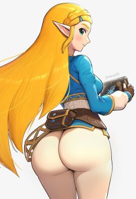 1girls ass blonde_hair bottomless edit elf elf_female female gonzarez green_eyes long_hair looking_at_viewer looking_back no_panties no_pants nude_edit nude_filter pointy_ears princess_zelda smiling smiling_at_viewer the_legend_of_zelda the_legend_of_zelda:_breath_of_the_wild third-party_edit zelda_(breath_of_the_wild)