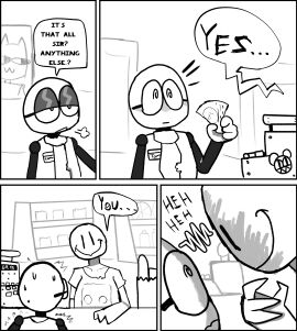 bedroom_eyes comic_page comic_panel comic_strip el_sick english_text femboy grey_skin male male_focus male_only scared smiling speech_bubble speech_bubbles spiral_eyes tagme_(character)