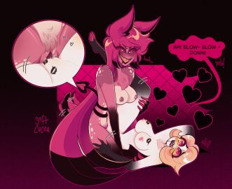 alastor_(hazbin_hotel) big_breasts blush breasts completely_naked completely_nude demon dialogue duo eyes fallen_angel female female/female female_alastor hair hazbin_hotel humanoid kiss_mark lucifer_morningstar_(hazbin_hotel) naked naked_female nipples nude nude_female open_mouth open_smile pleasure_face pussy pussy_juice red_eyes red_hair rule_63 saliva smile speech_bubble sweat teeth thick_thighs tribadism white_body white_skin yuri