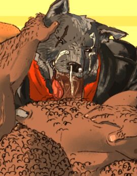 anthro avalath_tiger belly big_bad_wolf big_penis bodily_fluids canid canine canis cum cum_from_nose cum_in_nose cum_inside cum_on_face cum_strand domestic_pig duo fairy_tales fellatio genital_fluids genitals hairy hand_on_head male male/male mammal moobs musclegut muscles muscular oral overweight overweight_male penile penis pig pubes sex suid suina sus_(pig) vein veiny_muscles veiny_penis wolf