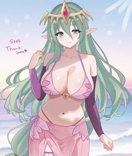 absurd_res alluring big_breasts bikini breasts cleavage closed_mouth commentary_request commission cowboy_shot detached_sleeves female fire_emblem fire_emblem:_new_mystery_of_the_emblem fire_emblem:_shadow_dragon green_eyes green_hair hair_between_eyes halterneck hand_up headgear high_res intelligent_systems long_hair long_sleeves looking_at_viewer n_54 nagi_(fire_emblem) navel nintendo pink_bikini pink_sarong pointy_ears purple_sleeves sarong skeb_commission skindentation smile standing stomach string_bikini swimsuit very_long_hair