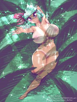 1girls areolae barefoot big_breasts breasts completely_nude eyebrows_visible_through_hair female female_only full_body green_hair large_breasts lying lying_on_back naked naked_female nipples nude nude_female on_back pierced_nipples piercing piercings purple_eyes solo solo_female superreflex tan_body tan_lines tan_skin viewed_from_above wendy_(superreflex)