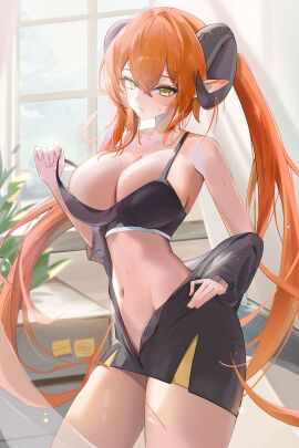 absurdres bare_shoulders black_horns black_jacket black_sports_bra blush breasts chowol cleavage collarbone commentary crop_top crossed_bangs curled_horns curtains day english_commentary female green_eyes hair_between_eyes hand_on_own_hip hand_up highres horns indoors jacket large_breasts light_particles long_hair looking_at_viewer navel off_shoulder orange_hair orange_pupils orphie_magnusson plant pointy_ears sidelocks solo sports_bra standing stomach strap_pull sweat sweatdrop tail thighs twintails very_long_hair window zenless_zone_zero