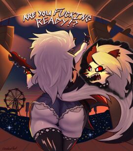 2024 absurd_res amusement_ride anthro arm_tuft ass ass_focus big_ass big_butt biped body bottomwear bracelet butt_focus canid canid_demon canine carbonfloof clothing collar crowd cutaway cutoffs daisy_dukes demon denim denim_bottomwear denim_clothing ear_piercing ear_ring elbow_tuft eyes fangs female ferris_wheel fingerless_gloves fluffy fluffy_tail fur gloves group guitar hair handwear hellhound helluva_boss hi_res holding_guitar holding_musical_instrument holding_object hotpants jewelry legwear long_hair loona_(helluva_boss) mammal musical_instrument mythological_canine mythological_creature mythology outside piercing plucked_string_instrument rear_view red_sclera ring_piercing shorts solo speaker spiked_bracelet spiked_collar spikes stage string_instrument tail teeth thigh_highs tuft white white_fur