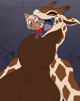 4:5 animated anthro anthro_pred bellarosa big_breasts bow_tie breasts bust_portrait clenched_teeth dark_eyelids digital_media_(artwork) domestic_cat duo felid feline felis female female_pred forked_tongue fully_inside furry giraffe giraffid hybrid in_mouth in_throat interspecies larger_female larger_pred licking licking_lips long_neck male male_prey mammal neck_bulge oral_vore partially_inside pippuri portrait pupils reptile scalie scared short_playtime size_difference slit_pupils smaller_male snake stretched_throat swallowing teeth tongue tongue_out unwilling_prey vore