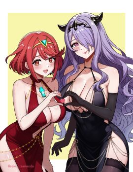 2girls breasts camilla_(fire_emblem) core_crystal crossover female female_only fire_emblem fire_emblem_fates looking_at_viewer nintendo pyra rein_creamsoda xenoblade_(series) xenoblade_chronicles_2