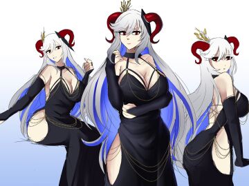 1girls absurdres alternate_costume ass backless_dress backless_outfit bare_shoulders black_dress blue_hair breasts chains cleavage cocktail_dress criss-cross_back-straps curled_horns dress elbow_gloves evening_gown female female_only fire_emblem fire_emblem_heroes freyja_(fire_emblem) gloves goat_horns gold_chain gradient_background grey_hair hair_ornament halter_dress halterneck highres hip_vent horns large_ass large_breasts large_horns long_hair looking_at_viewer low_neckline ludook meme_attire modakawa_dress multicolored_hair multiple_views nintendo open_clothes open_dress open_mouth red_eyes red_horns sitting sleeveless sleeveless_dress smile standing taut_clothes taut_dress thick_thighs tight_clothes tight_dress white_hair