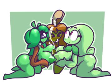 1boy alternate_version_available areolae barefoot bella_(screwroot) breasts completely_nude core_(krabbshacknsfw) cum cumshot enoki_(vonjungle) female full_body kneeling male naked naked_female nipples nude nude_female original original_characters outercourse paizuri penis vonjungle