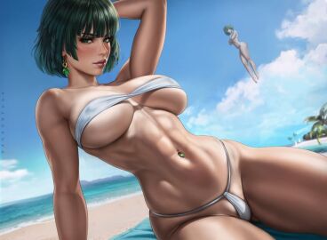 2girls abs arm_behind_head bare_legs beach breasts closed_mouth cloud covered_nipples dandon_fuga earrings floating fubuki_(one-punch_man) jewelry large_breasts levitation lips multiple_girls navel navel_piercing ocean one-punch_man outdoors palm_tree piercing sky stomach tatsumaki thighs toned toned_female tree