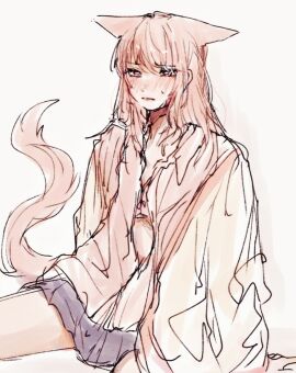 1other akiyama_mizuki ambiguous_gender blush breasts breasts_out cat_ears clothed clothing fellatio female flat_chest flat_chested highres naked partially_clothed partially_nude partially_undressed pink_eyes pink_hair project_sekai school solo solo_focus thighs tits_out underwear uniform