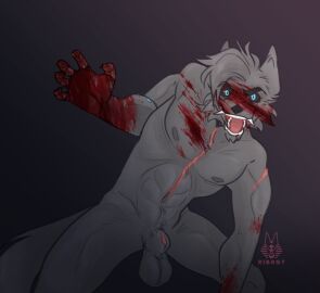 animal_genitalia anthro balls black_sclera blood_on_chest blood_on_face blood_on_hand bodily_fluids canid canine canine_genitalia canis clawed_fingers cybernetic_limb cybernetics cyborg digital_media_(artwork) fox fully_sheathed furrowed_brow genitals gore hybrid looking_at_viewer machine male mammal matvai_cross nipples nude open_mouth ribr0t scar sheath simple_background snarling solo teeth wolf