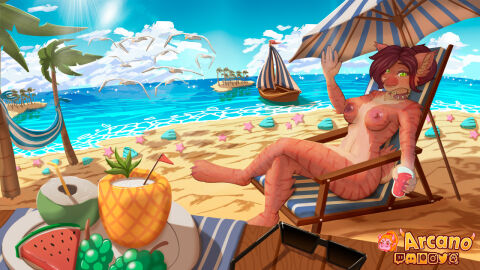 5_fingers anthro arcanelynx avian beach beach_chair beverage biped bird boat body_hair breasts chair chest_fur chest_hair chest_tuft claws coconut coconut_drink container cup day detailed_background digital_drawing_(artwork) digital_media_(artwork) digitigrade drinking_glass drupe_(fruit) eyewear feet felid feline female fingers fluffy fluffy_ears fluffy_hair fluffy_neck_fur fluffy_tail food fruit fur furniture glass glass_container glass_cup grape green_eyes gull hair hammock holding_object island karma_(wired1493) lari larid looking_at_viewer lynx mammal melon multicolored_body multicolored_fur nipples nude nude_female outside palm_tree pink_body pink_fur pink_hair pink_nose plant plate sand sea seaside sitting sky smile solo sun sunglasses tail tail_tuft teeth toes tree tuft umbrella vehicle water watercraft watermelon watermelon_slice
