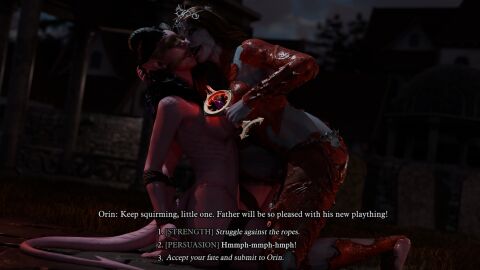 2girls 3d arms_behind_back baldur's_gate baldur's_gate_3 barefoot black_hair blindfold blonde_hair bondage bound bound_arms bound_legs bound_wrists cleave_gag demon demon_girl dialogue domination dungeons_and_dragons evil fantasy female femdom femsub frogtie gag gagged game_hud graveyard hair head_grab horns hud kidnapped kneeling knife licking long_hair monster naked night nude orin_the_red outdoors outside pink_skin restrained rindekey rope rope_bondage sitting slave tail tav_(baldur's_gate) tav_(baldur's_gate)_(female) tied tied_arms tied_hands tied_up tiefling video_games