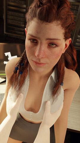 1boy 1girls 3d 3d_model aloy black_skirt breasts cgi cgi_girl clothed clothed_female computer computer_monitor female grey_eyes guerilla_games horizon_forbidden_west horizon_zero_dawn human interior interior_background interior_scene interior_view inviting_to_sex junkerz long_hair looking_at_viewer male no_bra no_panties office office_clothing office_lady red_hair skirt sony_interactive_entertainment standing through_clothes touching_breast white_shirt