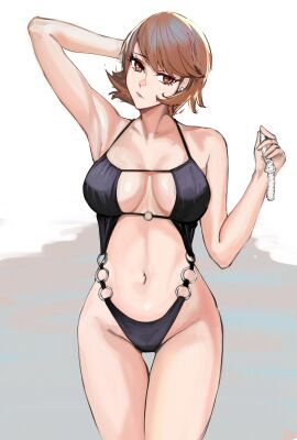 big_breasts breasts brown_eyes brown_hair choker huge_breasts looking_at_viewer nero_watch persona_3 standing swimsuit thick thick_thighs thighs yukari_takeba