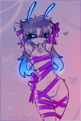 antennae arms_behind_head bioluminescence bow bug_girl christmas dripping_pussy female fluffy furry glowing_eyes glowing_genitalia goat_girl iris_(voidedaurora) looking_at_viewer pussy ribbon_bondage smug tied_up voidedaurora wet