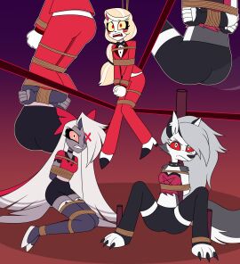 3girls angry angry_face animal_ears anthro arms_behind_back arms_bound arms_bound_in_front arms_in_front arms_tied arms_tied_behind_back arms_tied_in_front bare_belly bare_midriff blonde blonde_hair bondage bound bound_arms bound_legs bound_together bound_wrists box_tie captured charlie_morningstar_(hazbin_hotel) clenched_teeth clothed clothing collar crop_top dark-skinned_female dark_skin demon demon_girl exposed_midriff eyebrows female femsub frown grey_hair hazbin_hotel helluva_boss helpless hi_res high_resolution highres kidnapped kneeling leggings legs_spread legs_tied legwear loona_(helluva_boss) midriff midriff_baring_shirt multiple_females multiple_girls nervous nivek15 red_eyes restrained restrained_arms restrained_legs restrained_wrists ribbon ribbon_bondage rope rope_bondage rope_harness scared scared_expression shorts silver_hair sitting spiked_collar spread_legs spreading suit suspension tagme tied tied_hair tied_hands tied_legs tied_together tied_up vaggie_(hazbin_hotel) white_hair wolf wolf_girl yellow_eyes