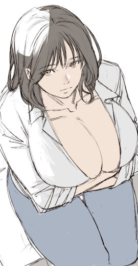 1girls big_breasts breast_hold breasts brown_eyes brown_hair busty cleavage crossed_arms denim female female_only from_above highres jeans large_breasts legs looking_at_viewer mature mature_female original pants pose posing sensual solo thick_thighs thighs